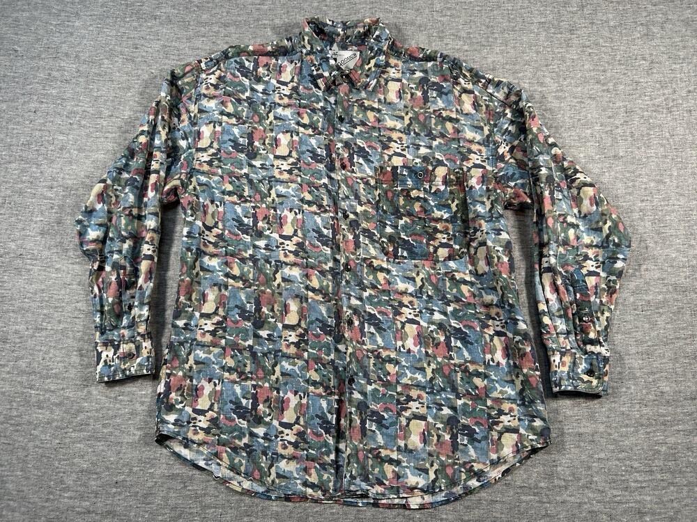 Vintage Goouch Linen Shirt Mens Large Long Sleeve Abstract Colorful Button-Down
